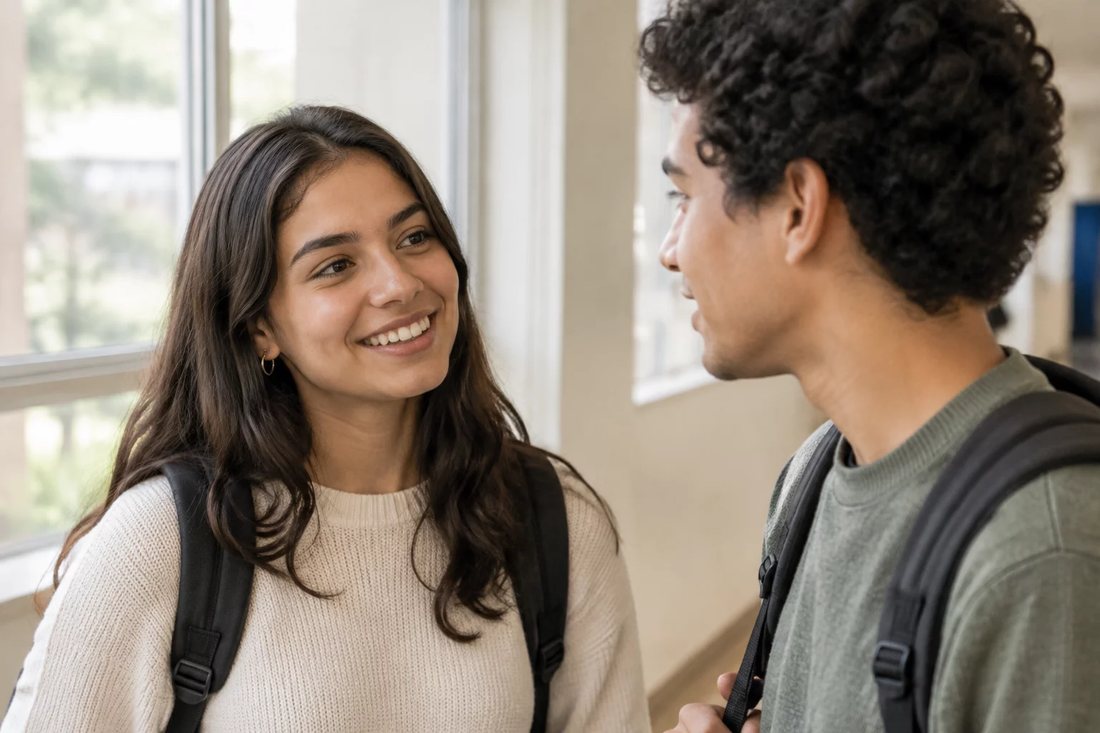 Dois estudantes de mochila continuam a discussão no corredor depois da sessão