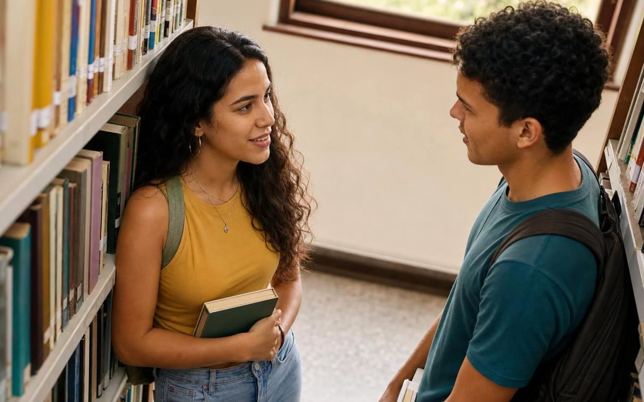 Três pessoas sentadas a uma mesa comprida, no meio de uma conversa numa sala de janelas altas