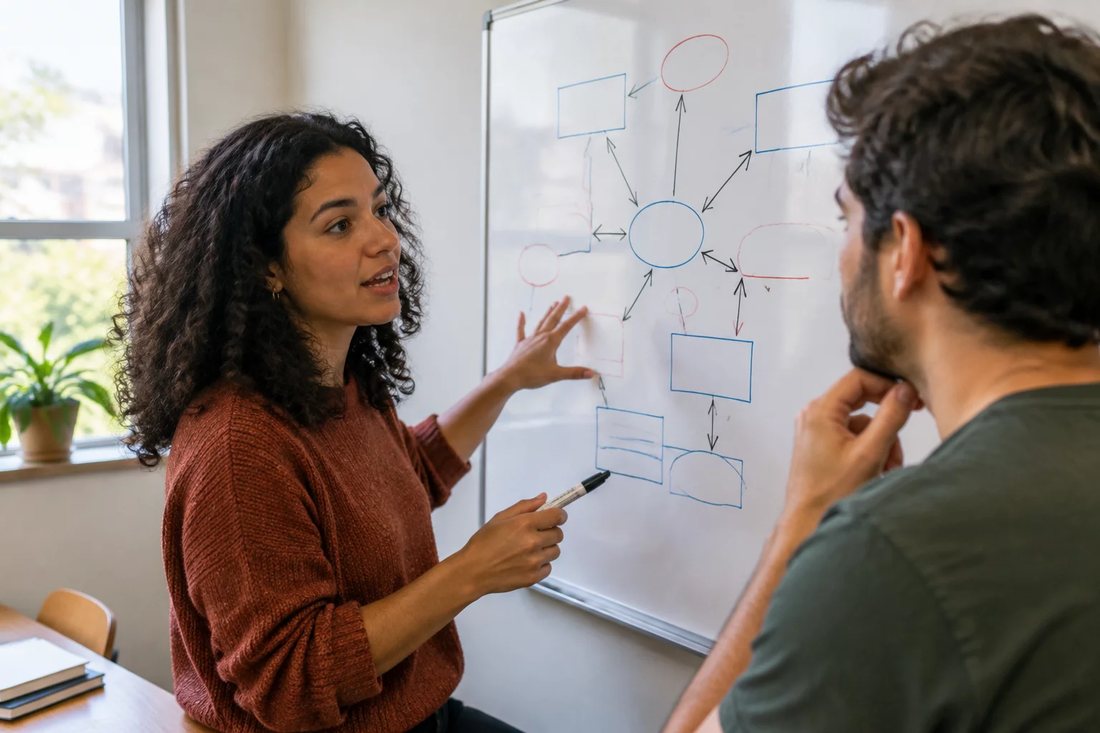 Facilitadora aponta para um mapa de argumento desenhado no quadro branco enquanto um participante acompanha