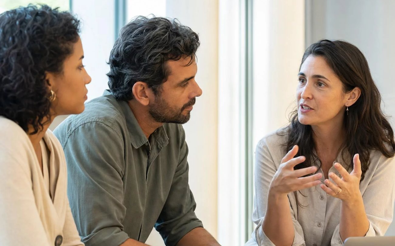 Roda de conversa numa sala clara, com uma pessoa expondo o ponto e duas escutando